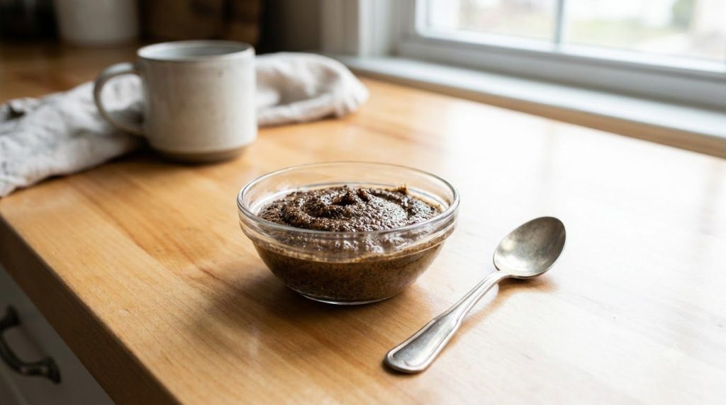 Close-up of a small bowl containing a mixture of Vaseline and ground coffee with a spoon