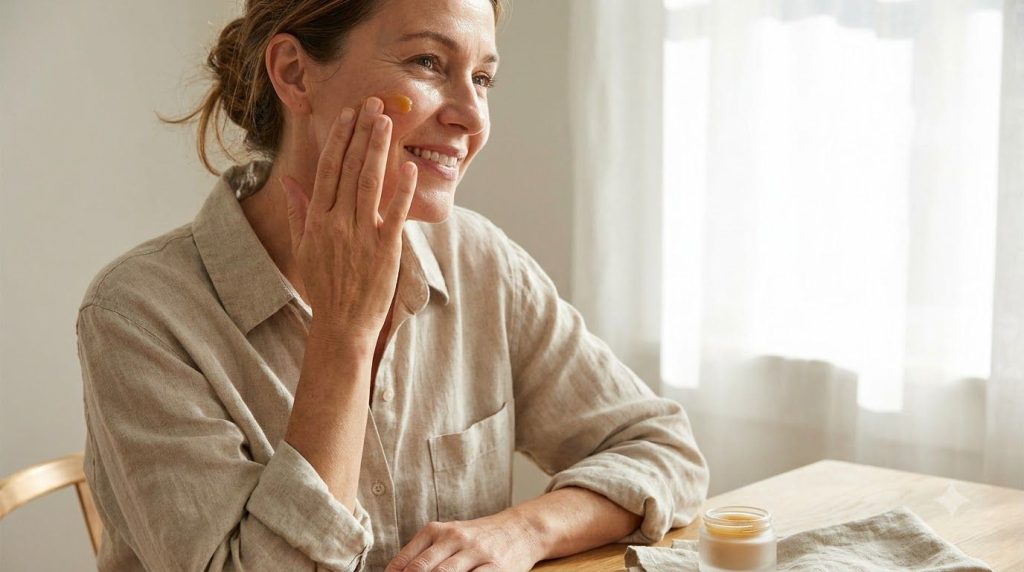 A woman in her late 40s or early 50s gently applying a small amount of the balm to her clean face near her cheekbone or