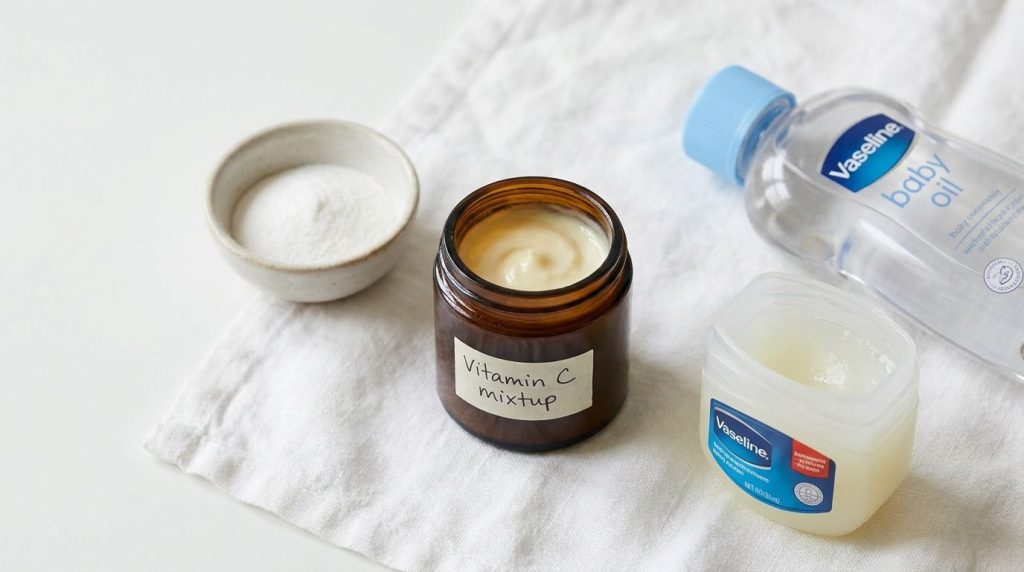 A small dark glass jar filled with the creamy Vitamin C Vaseline and Baby Oil blend next to a small bowl with the mixing