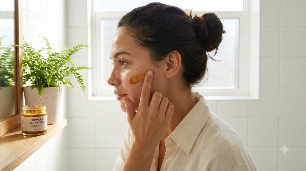 A woman gently applying a golden turmeric and baby oil blend to her cheek focusing on a small area with a soft natural e