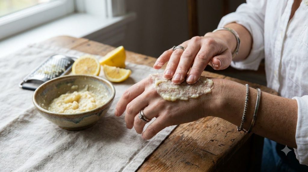 A close-up of hands applying a creamy light-colored potato and lemon mask to one hand with a bowl of the mask mixture in