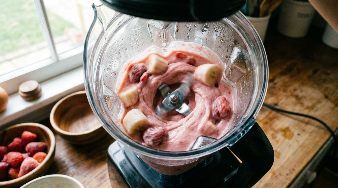 A blender with frozen bananas and strawberries being processed into a creamy pink soft-serve ice cream