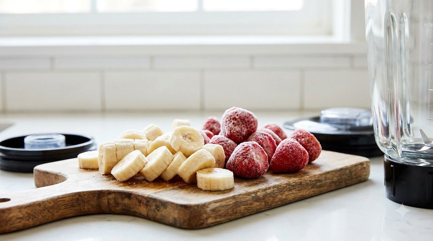 Sliced frozen bananas and frozen strawberries on a cutting board ready for blending