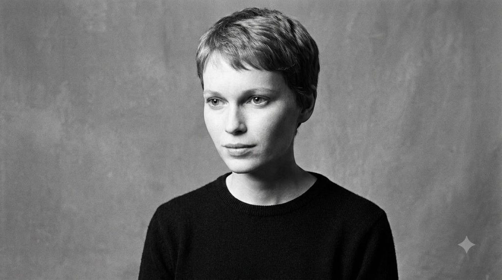 Mia Farrow in a classic publicity photo from the era of Rosemary s Baby showcasing her delicate features and short hairs