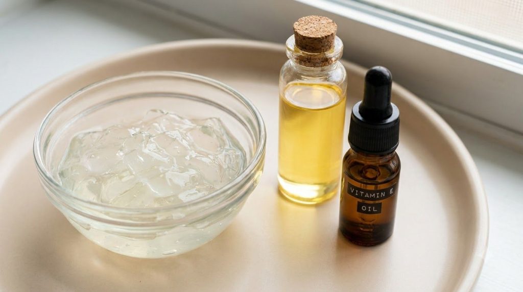 Close-up shot of the three main ingredients a clear bowl of aloe vera gel a small bottle of sweet almond oil and a small