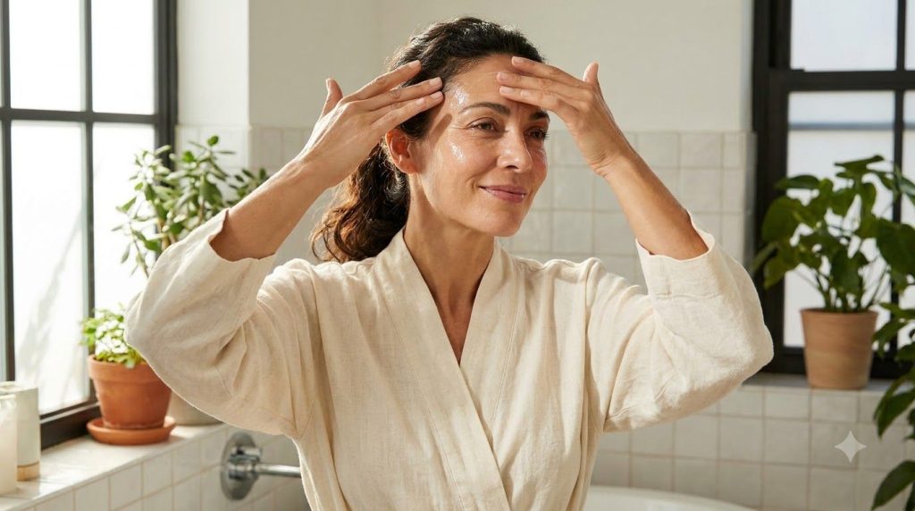 A woman gently applying the homemade hydrating gel to her face focusing on areas with fine lines showing a serene and na