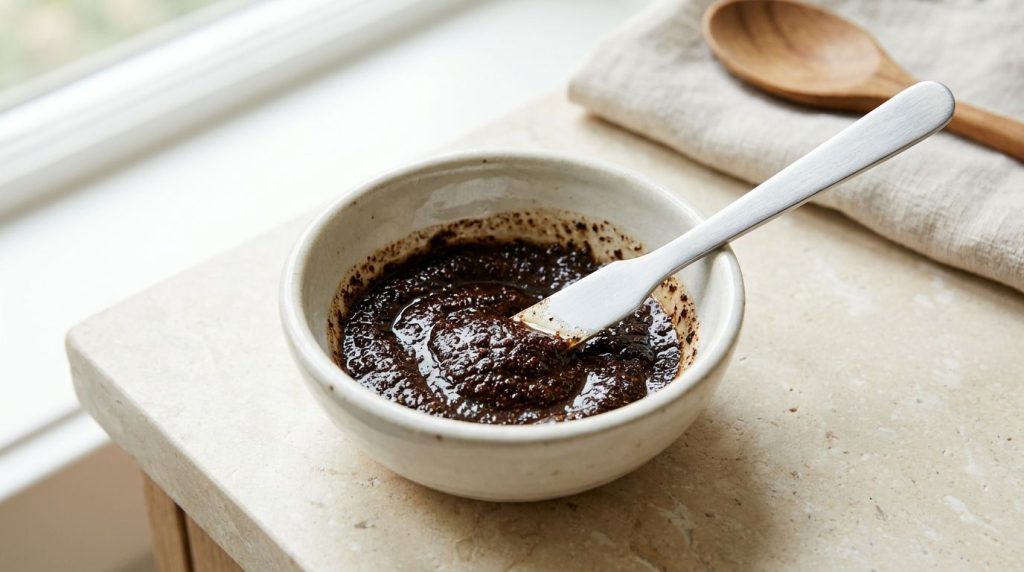 Close-up of a small bowl containing finely ground coffee and petroleum jelly being mixed into a smooth paste with a smal