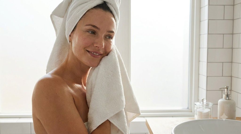 A woman gently patting her face dry with a soft white towel after rinsing off a face mask her skin looking fresh glowing