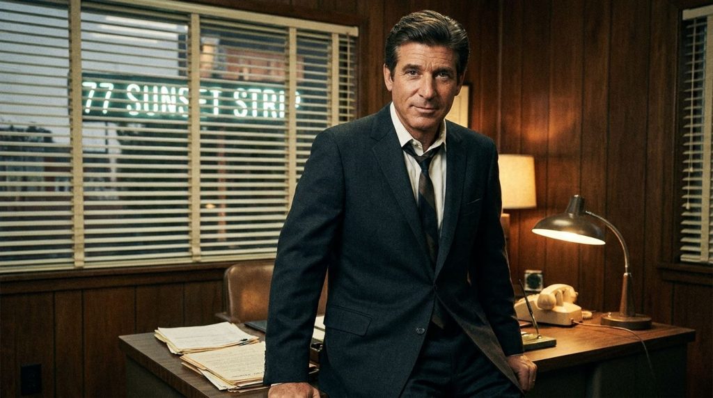 Efrem Zimbalist Jr as detective Stuart Bailey from 77 Sunset Strip looking dapper and confident