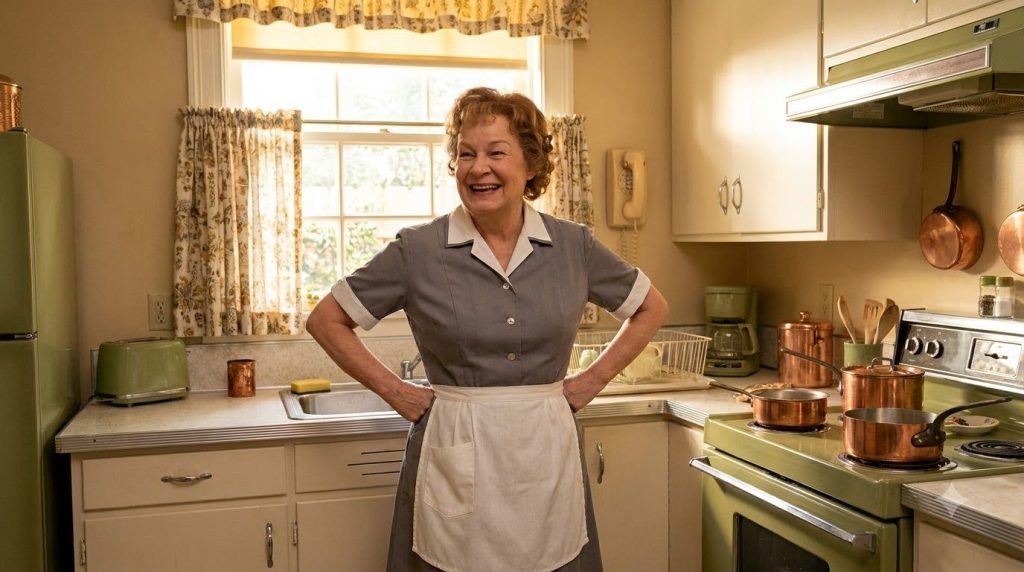 Shirley Booth as Hazel wearing a maid s uniform and apron standing confidently with a slight smile in a classic 1960s si