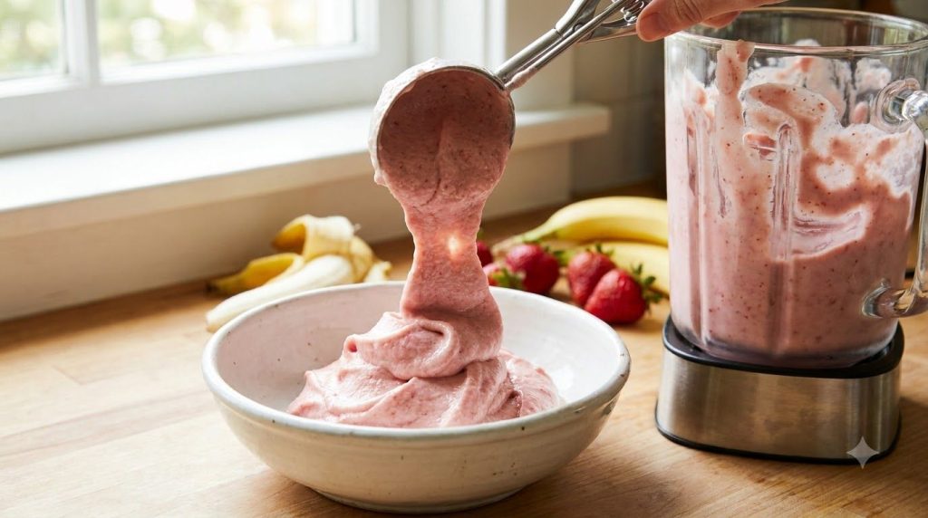 A close-up of the perfectly blended creamy strawberry banana nice cream being scooped into a bowl