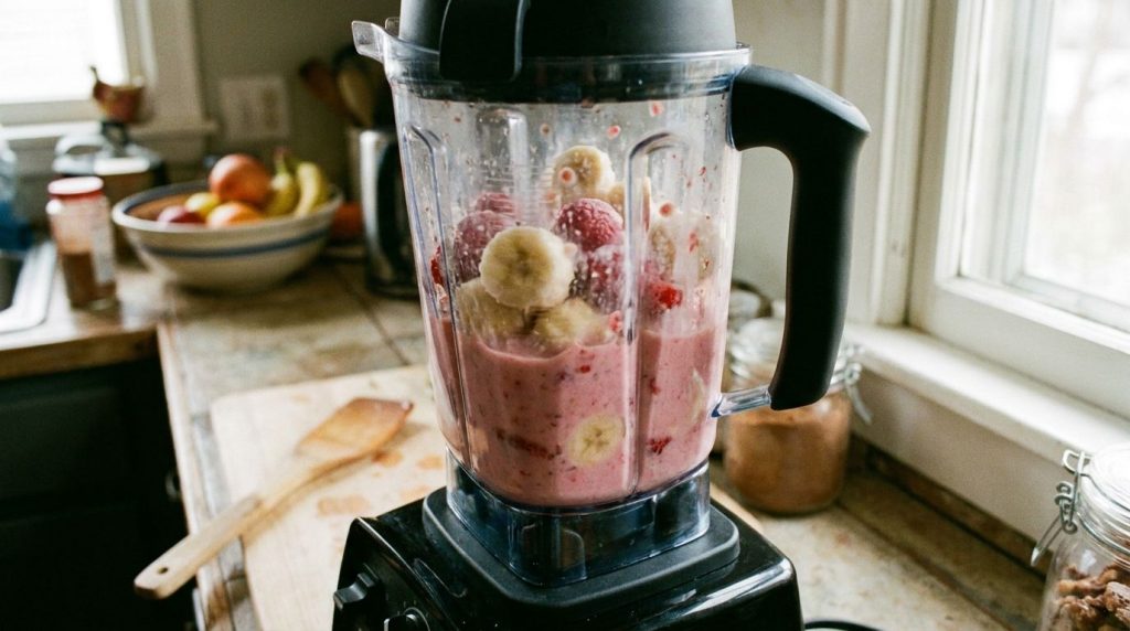 A high-speed blender being used to blend frozen bananas and strawberries into a creamy mixture