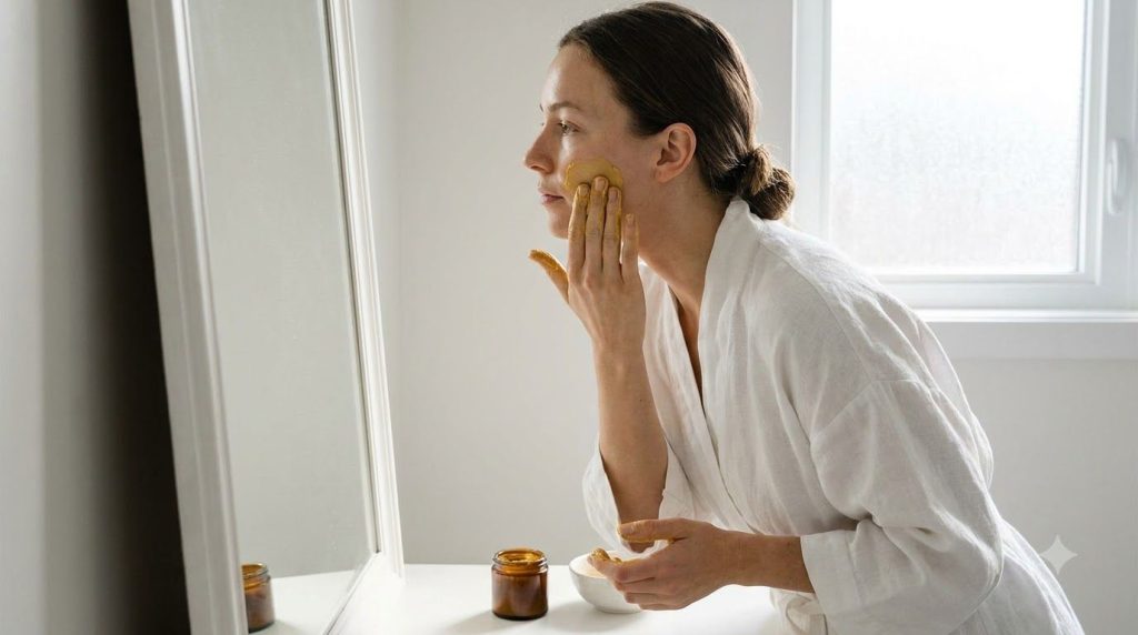 A woman gently applying the golden turmeric and Vaseline paste to her cheek with her fingertips her skin looking soft an