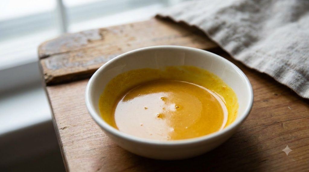 A close-up of a small clean bowl containing the smoothly mixed turmeric and petroleum jelly paste showing its golden-yel