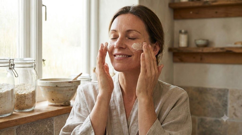 A woman gently applying a homemade mixture to her face showing a smooth radiant complexion Her hand is delicately touchi