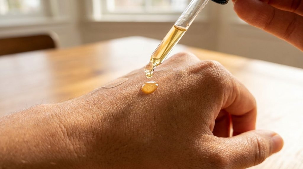 A close-up of a drop of oil being applied to the back of a hand for a patch test highlighting the gentle application and