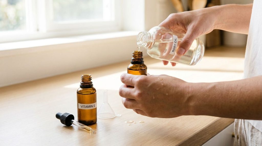 Close-up of hands mixing baby oil and vitamin E oil in a small glass dropper bottle The setting is clean and well-lit sh