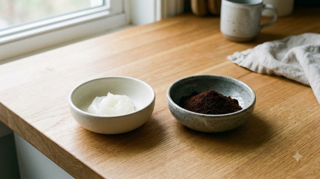 Two small bowls side by side on a clean surface One bowl contains white petroleum jelly Vaseline and the other contains 