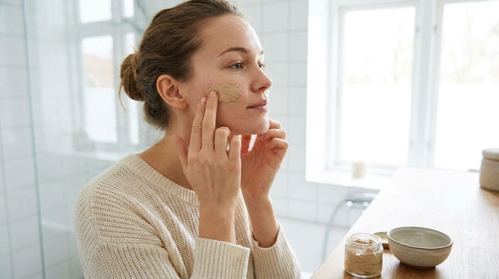 A woman gently applying the Vaseline and coffee mixture to her cheek with her fingertips demonstrating the application p
