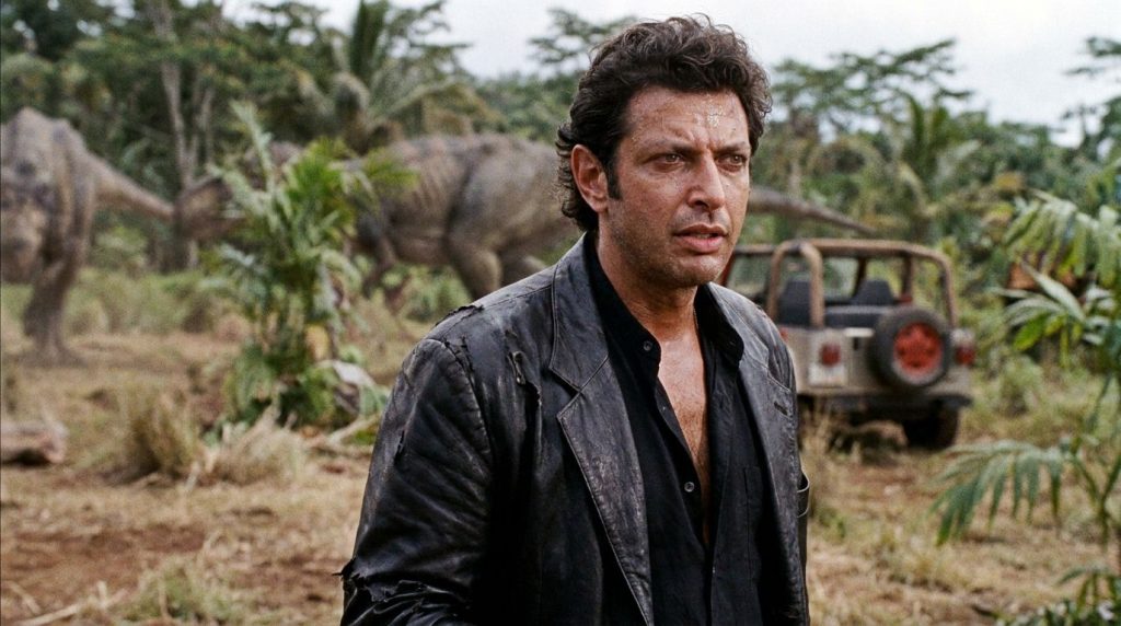 A real movie still of Jeff Goldblum as Dr Ian Malcolm in Jurassic Park