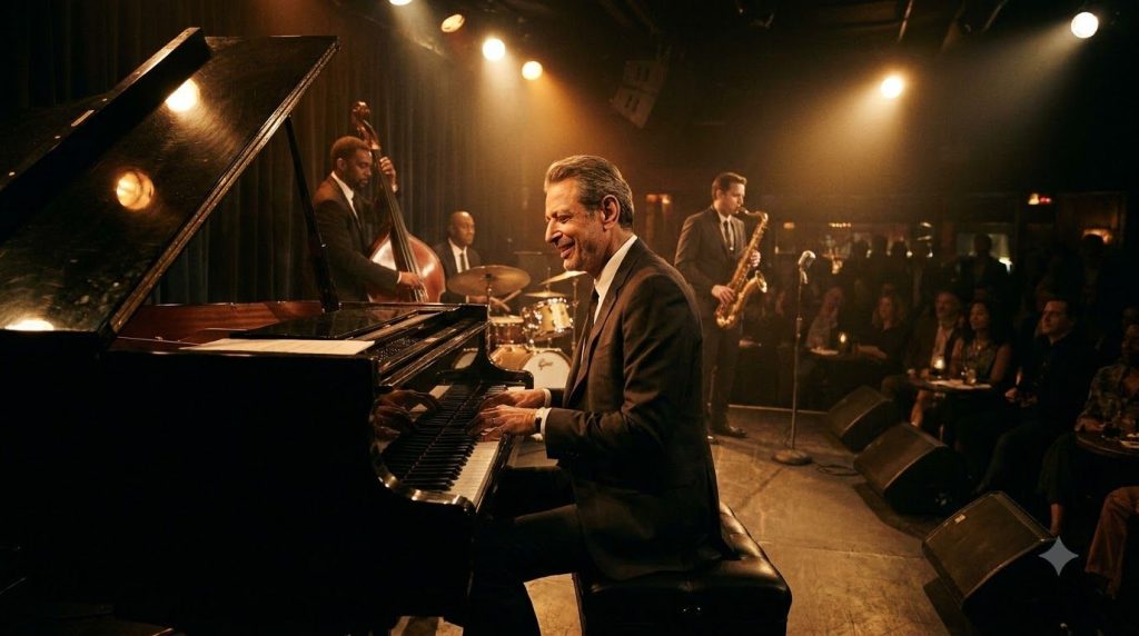 A photo of Jeff Goldblum playing piano with his jazz band