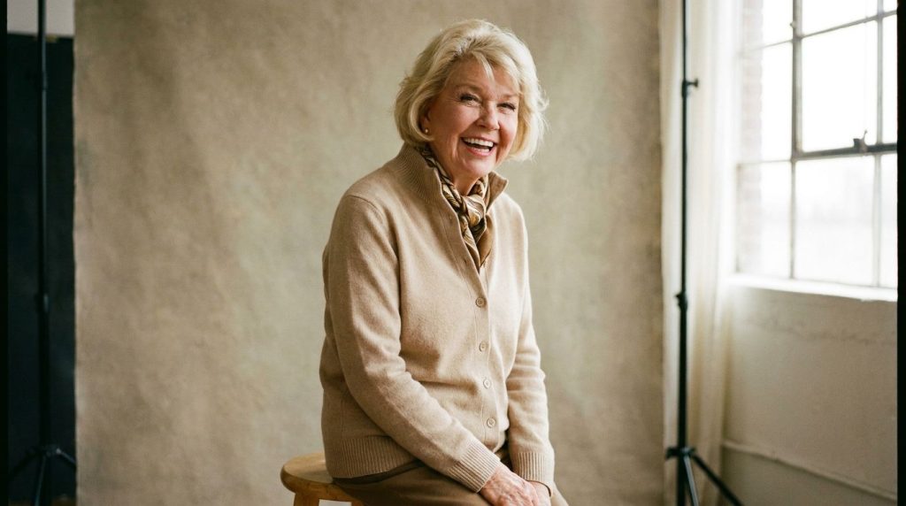Doris Day smiling portraying her classic girl-next-door image from her heyday