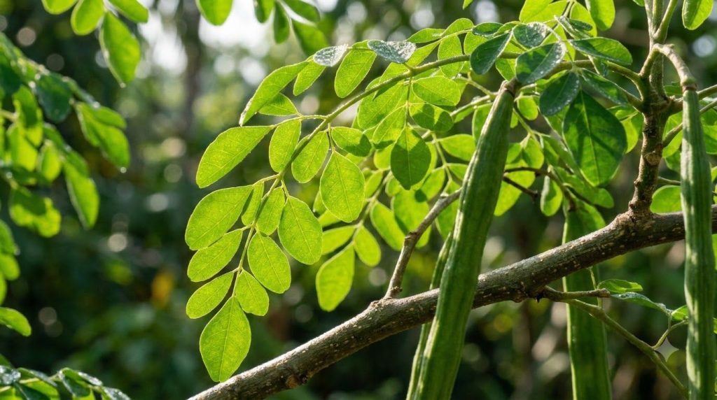 A close-up shot of fresh vibrant green Moringa leaves on a branch ready for harvest