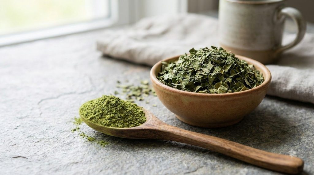 A tablespoon of vibrant green Moringa powder next to a small bowl of dried Moringa leaves