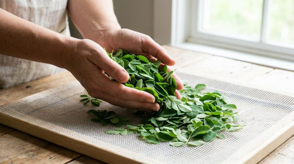 A person s hands gently preparing fresh Moringa leaves for drying on a mesh tray with soft natural lighting