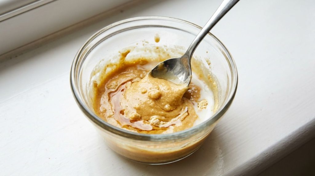 Close-up of a bowl with gram flour milk and honey being mixed to form a smooth facial paste