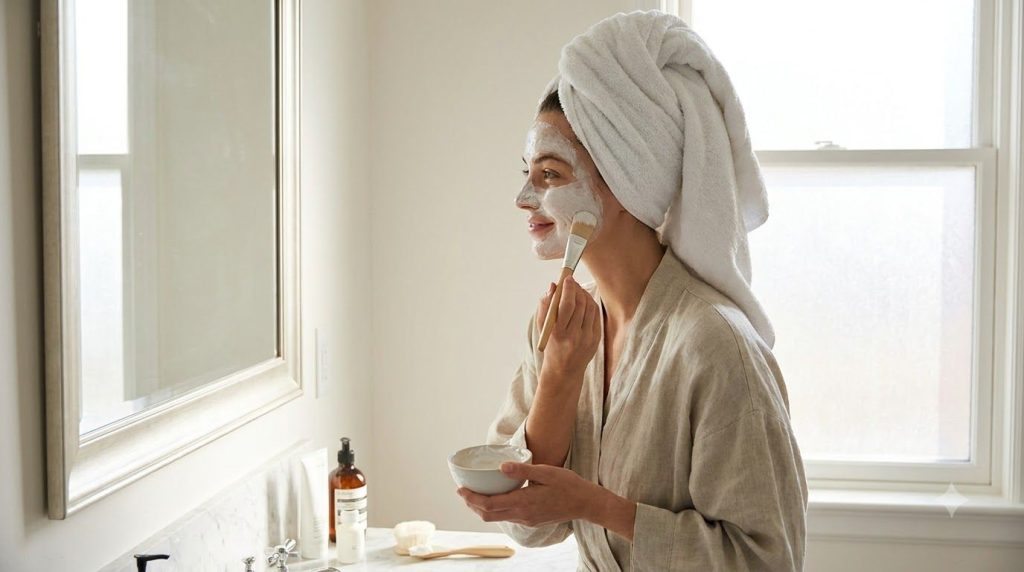 A woman gently applying a homemade milk and gram flour face mask to her clean face with a soft brush in a well-lit bathr