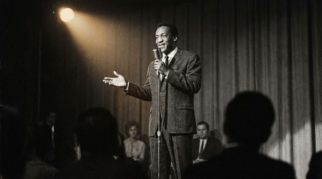 Classic photo of Bill Cosby performing stand-up comedy on stage with a microphone wearing a suit from his earlier career