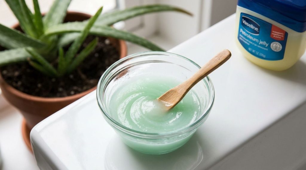 A small bowl with Vaseline mixed with aloe vera gel being stirred with a tiny spatula