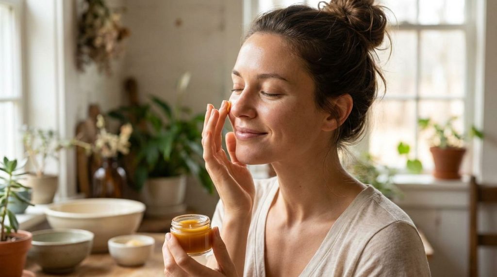 A woman gently applying a homemade Vaseline mixture to her cheekbone her skin appearing soft and hydrated