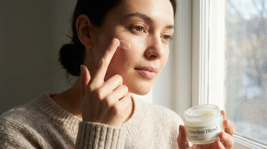A woman gently dabbing the Vaseline blend onto her cheek focusing on a small area Her skin looks clean and well-cared fo
