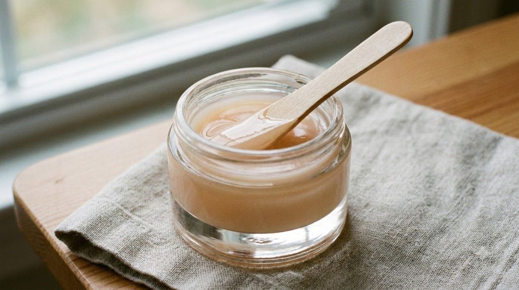 A small clear glass jar containing the mixed Vaseline Vitamin E and Rosehip oil blend with a small wooden stirring stick