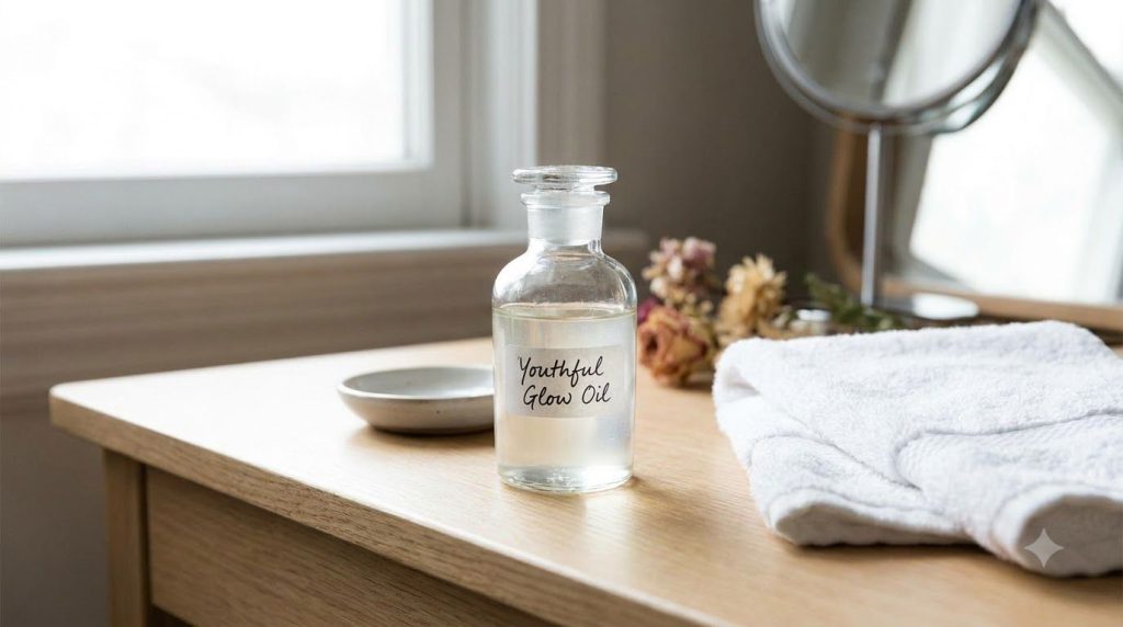 A small clear glass bottle filled with the prepared baby oil and glycerin mix labeled Youthful Glow Oil It sits on a van