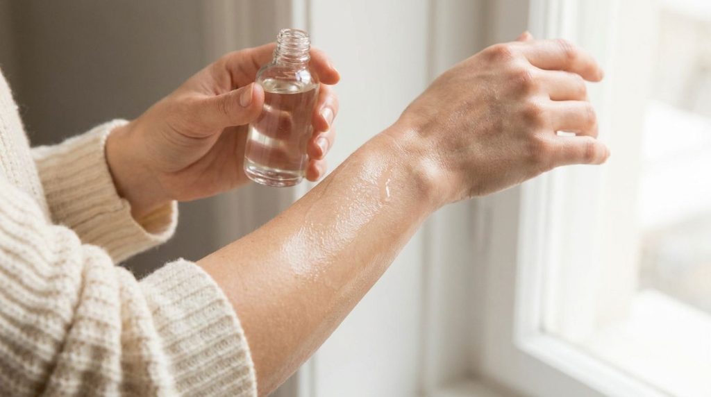 A woman gently massaging the baby oil and glycerin mix onto her arm demonstrating the application technique Her skin loo