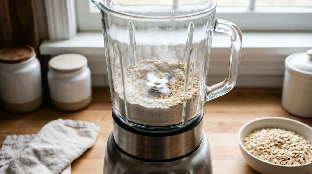 A blender with rolled oats being ground into flour