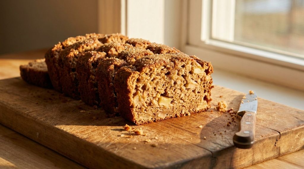 Multiple slices of apple oat cake arranged neatly on a wooden board ready for serving or storage