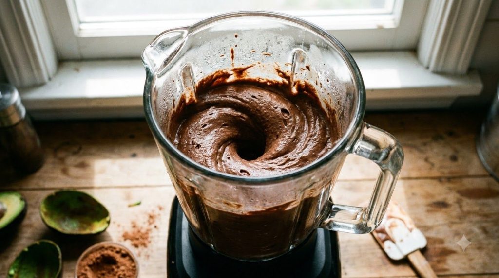 A blender or food processor actively blending the chocolate avocado nice cream mixture showing a thick creamy consistenc