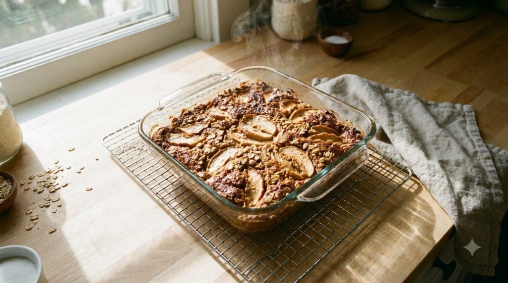 An overhead shot of a freshly baked apple oat cake in a square baking dish cooling on a wire rack