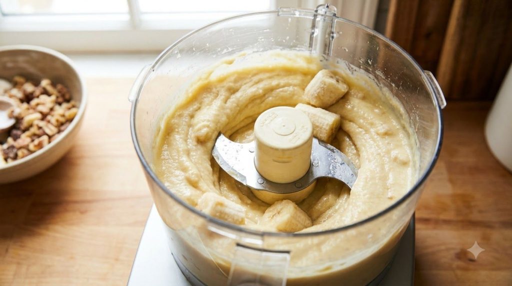 Frozen banana slices being blended in a food processor to create a smooth creamy base