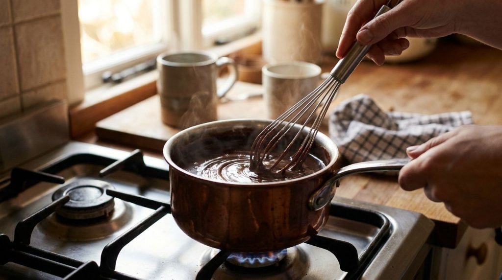 A small saucepan with rich glossy chocolate fudge sauce being whisked