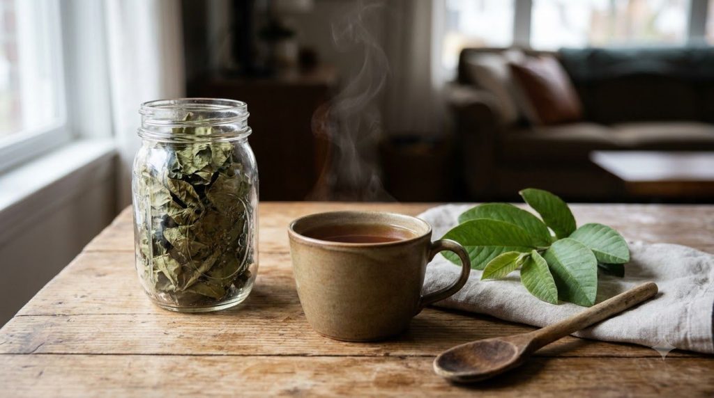 A jar of dried guava leaves next to a freshly brewed cup of guava leaf tea with steam rising
