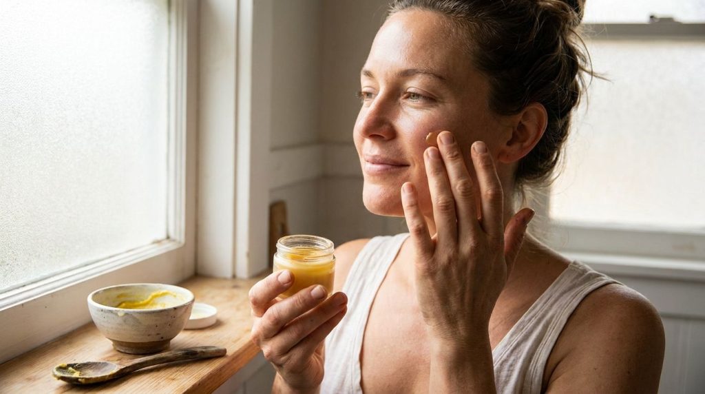 A woman gently applying a small amount of the homemade turmeric and Vaseline balm to her cheek demonstrating the applica