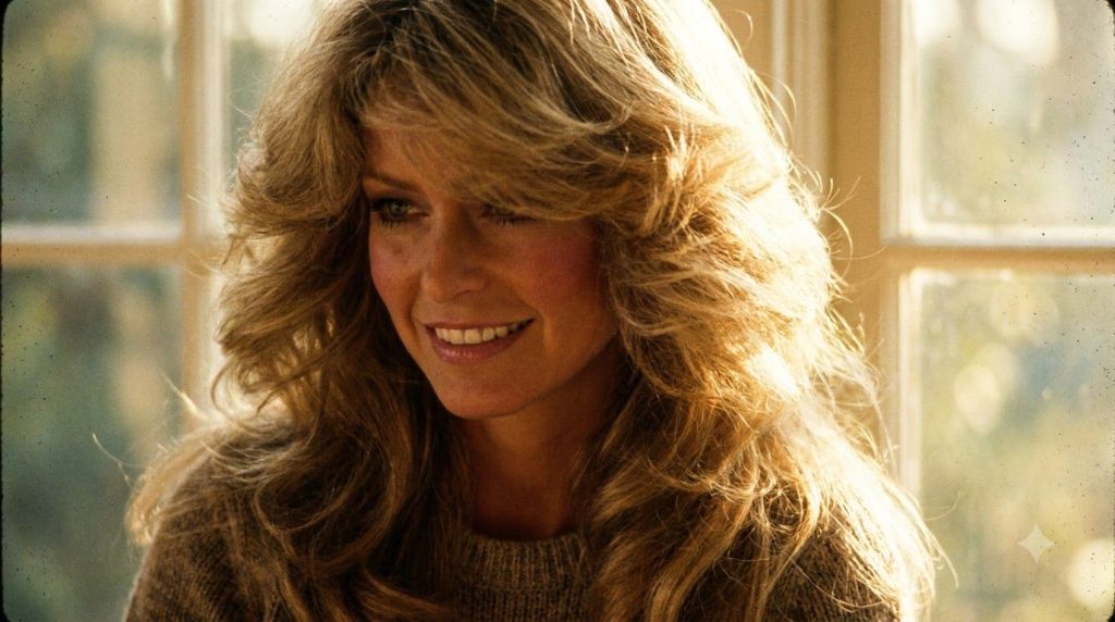 A real publicity photo showing a close-up of Farrah Fawcett s iconic feathered hair from the 1970s