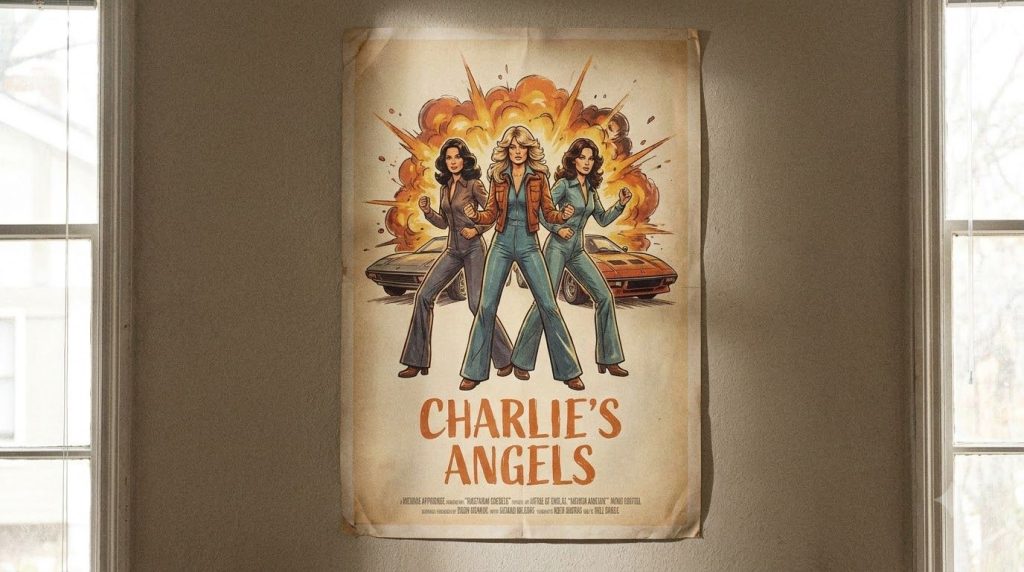A real vintage movie poster for Charlie s Angels featuring Farrah Fawcett