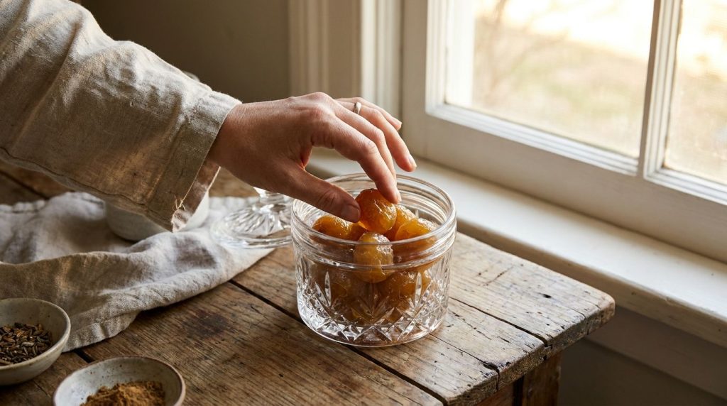 A hand reaching for a piece of candied Amla from a beautiful glass jar suggesting daily use