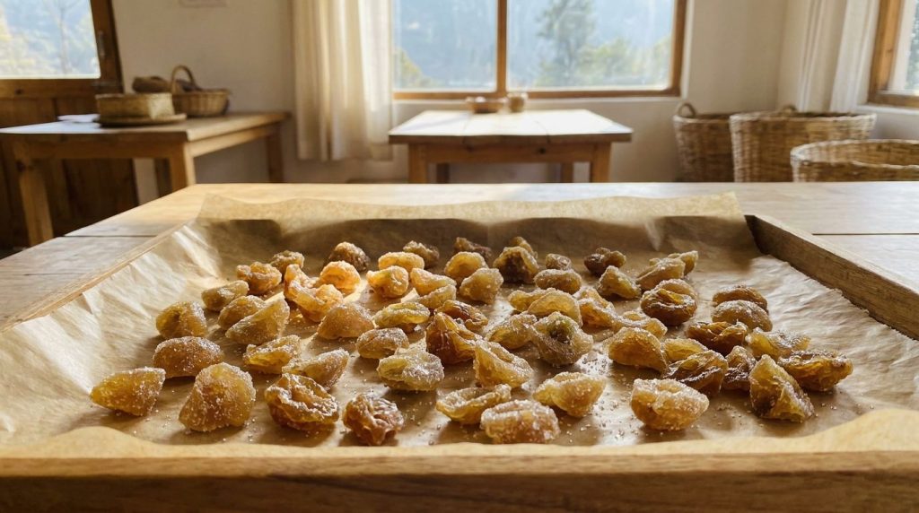 Candied Amla pieces drying on a tray showing the sugar crystallization process